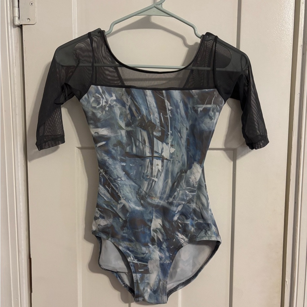 Barreto Dancewear Custom Women’s Grey and Blue Mesh Sleeves Leotard